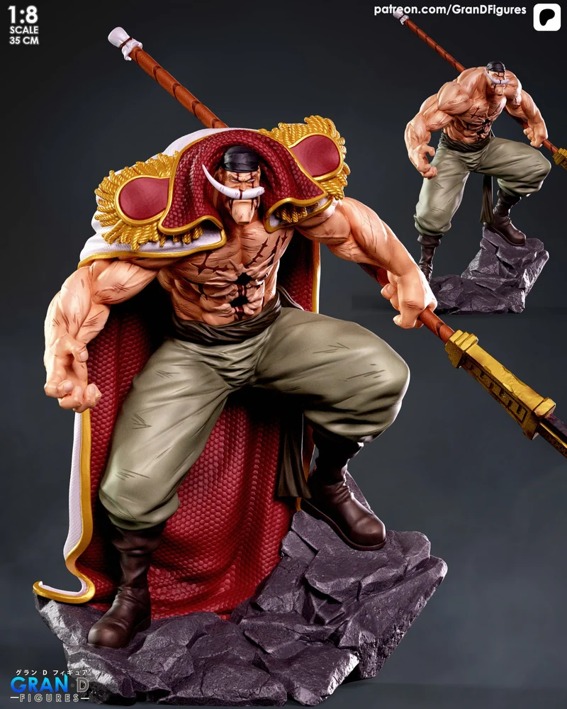 Whitebeard One Piece statue with bisento, ornate coat, and rocky base