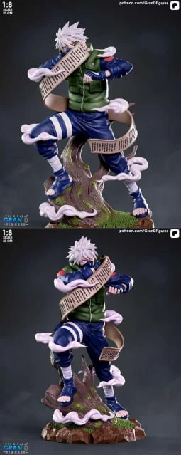Kakashi Hatake Naruto statue with a stringed instrument and smoke effects