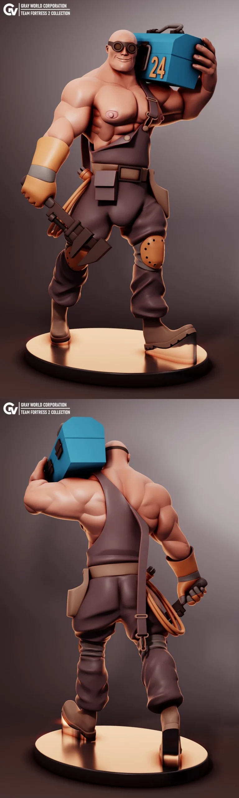 Team Fortress 2 Engineer figure holding a blue case with wrench on a display base