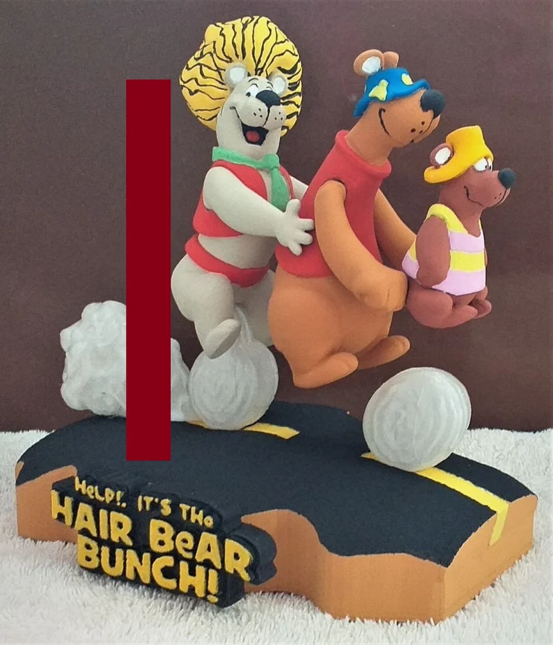 Three Hair Bear Bunch cartoon bears posed on a cloud-themed display base