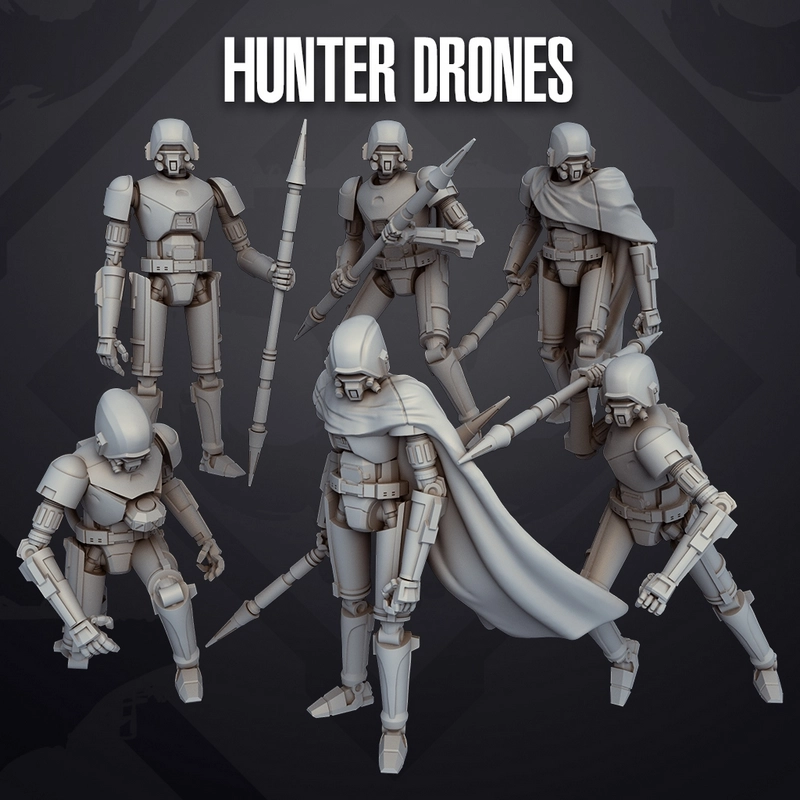 Group of armored HK-87 hunter droids with weapons and capes