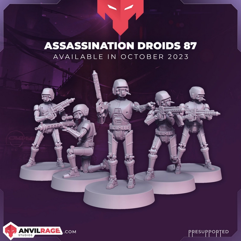 Five HK-87 Star Wars assassination droid miniatures with weapons on round bases