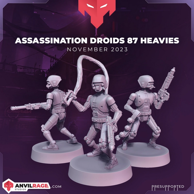Three Star Wars HK-87 assassination droid heavy miniatures with weapons on round bases