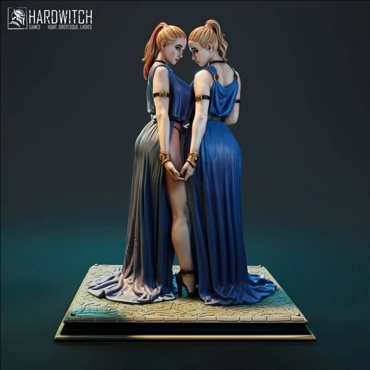 Two blonde fantasy twins in blue gowns holding hands on an ornate square plinth