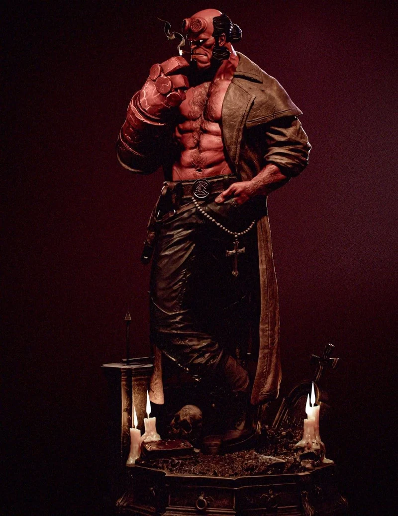 Hellboy full-body 3D model with red skin, stone hand, trench coat, candles, and skull base