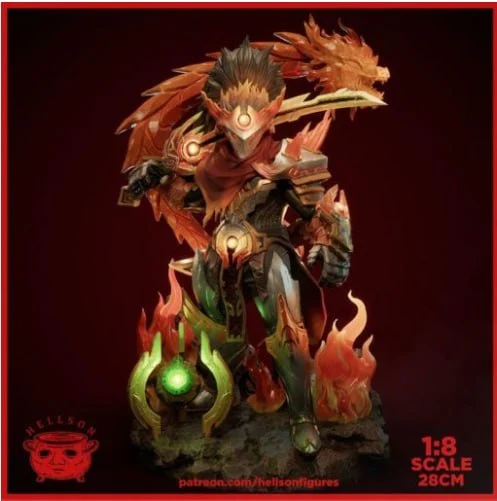 Fantasy armored Juggernaut statue with fiery armor, dragon detail, green orb, and rocky base