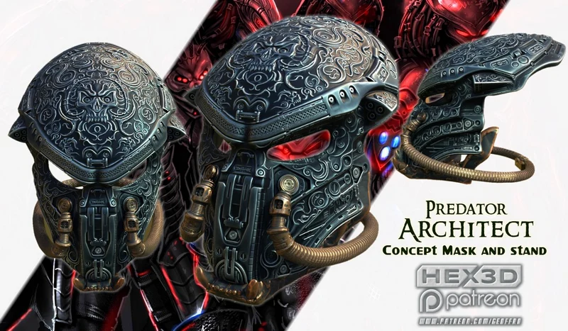 Predator-inspired Architect concept mask with matching display stand