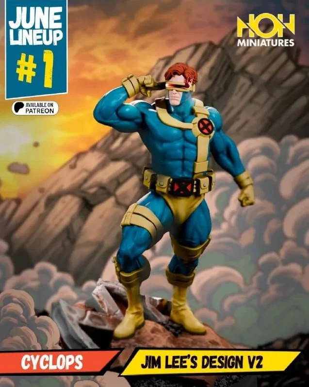 Marvel Cyclops statue in Jim Lee Design V2 costume on a rocky base