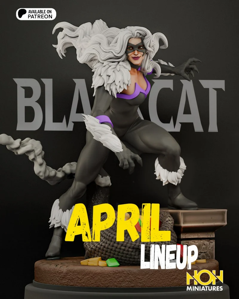 Cat-themed masked master thief statue with white hair, purple accents, tail, and dynamic crouching pose
