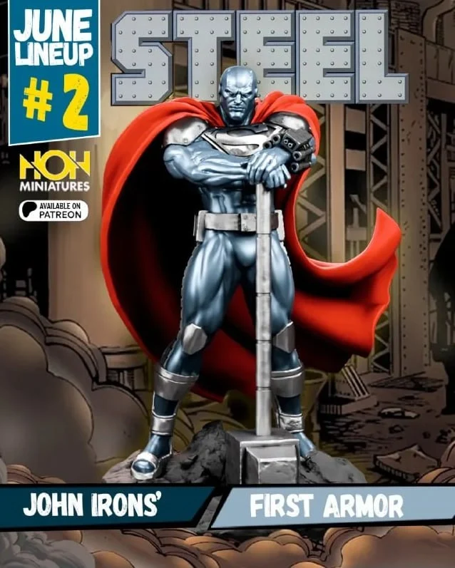 Steel from DC Comics in first armor with red cape and upright hammer