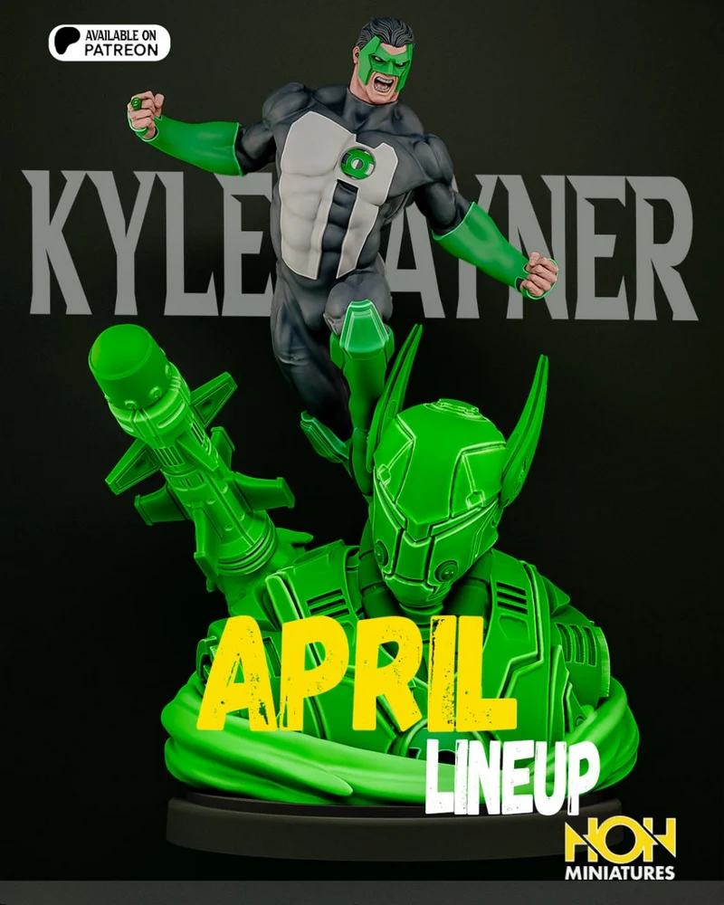 Green-masked superhero statue with armored suit and chest emblem above a futuristic miniature