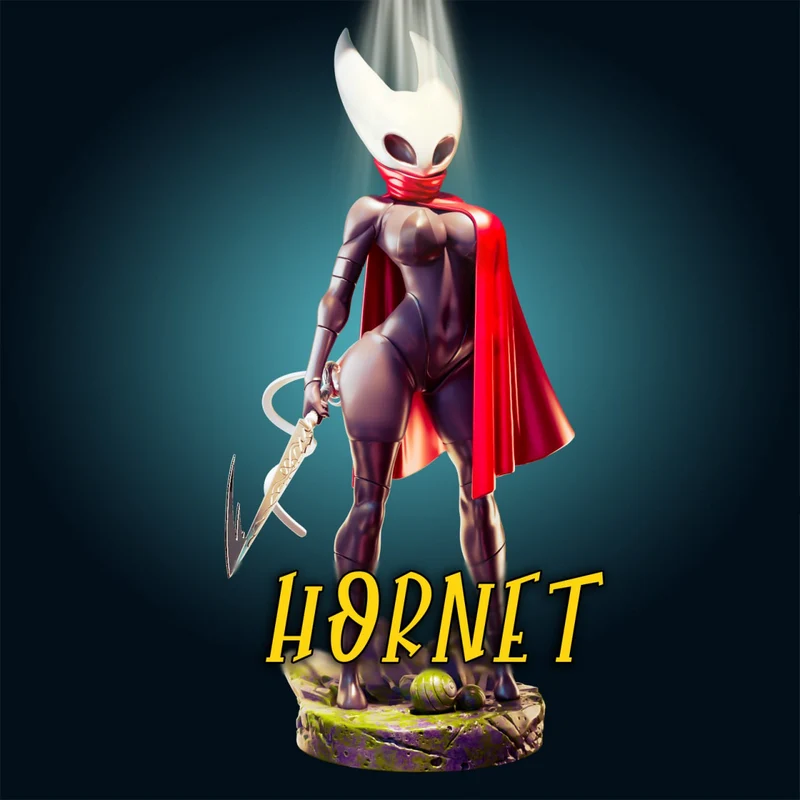 Hornet from Hollow Knight with a white mask, red cape, needle, and rocky base