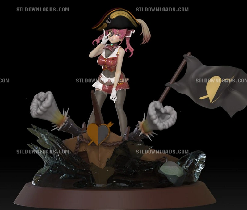 Houshou Marine pirate diorama with flag, cannons, waves, and display base