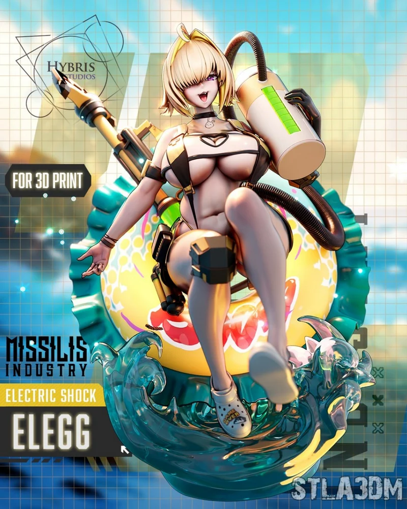 Elegg from Goddess of Victory: Nikke with equipment on a water-splash base