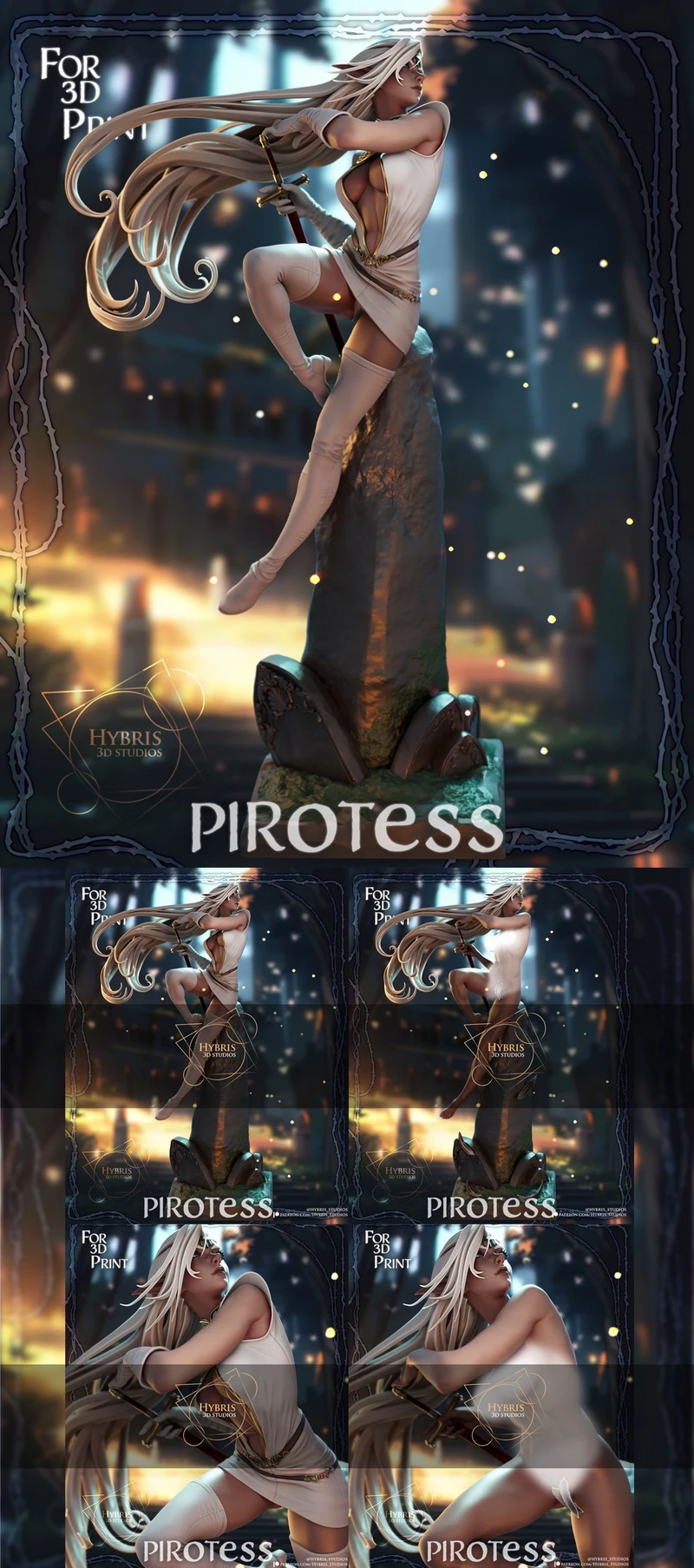 Pirotess elf warrior statue with flowing hair, sword, and rocky pedestal