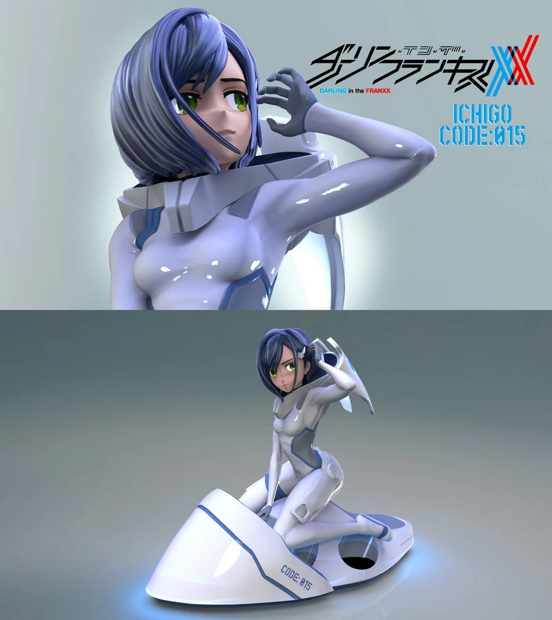 Anime female character in a white and blue suit kneeling on a futuristic CODE:015 platform