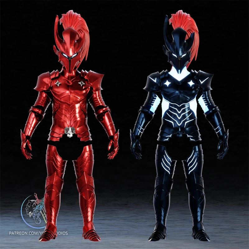 Red and black Igris knight armor suits from Solo Leveling