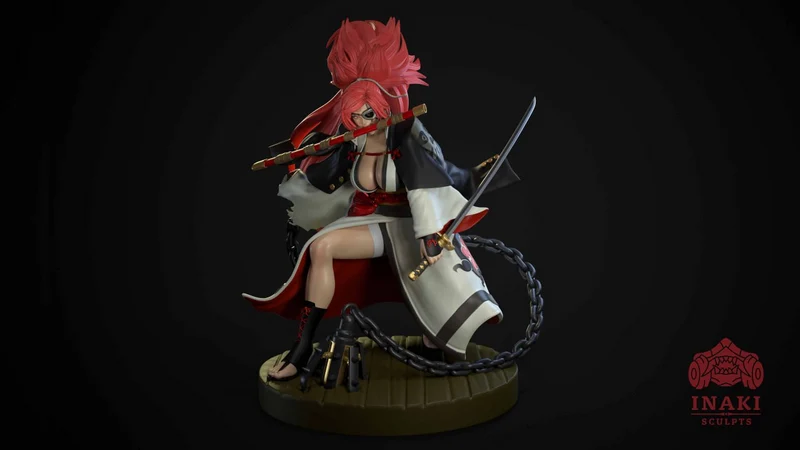 Guilty original character figurine with red hair, swords, robes, chain, and base