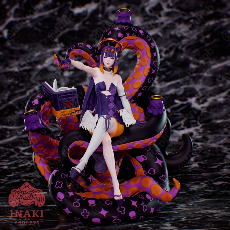 Ninomae Ina'nis Hololive figure seated with a purple tentacled creature and open book
