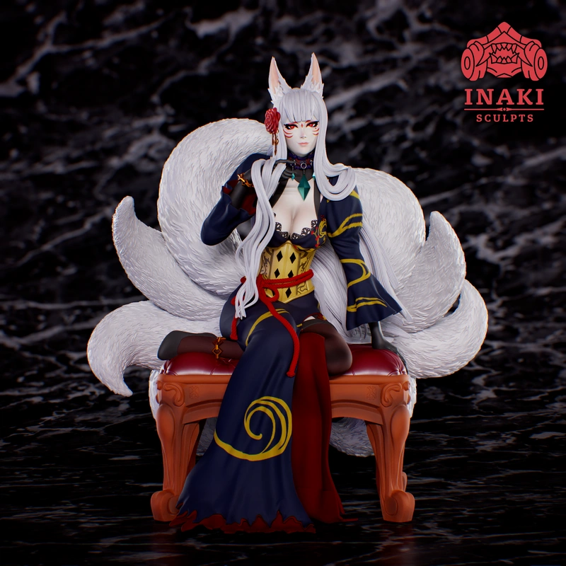 Nina Kosaka NIJISANJI fox woman 3D model seated on an ornate chair