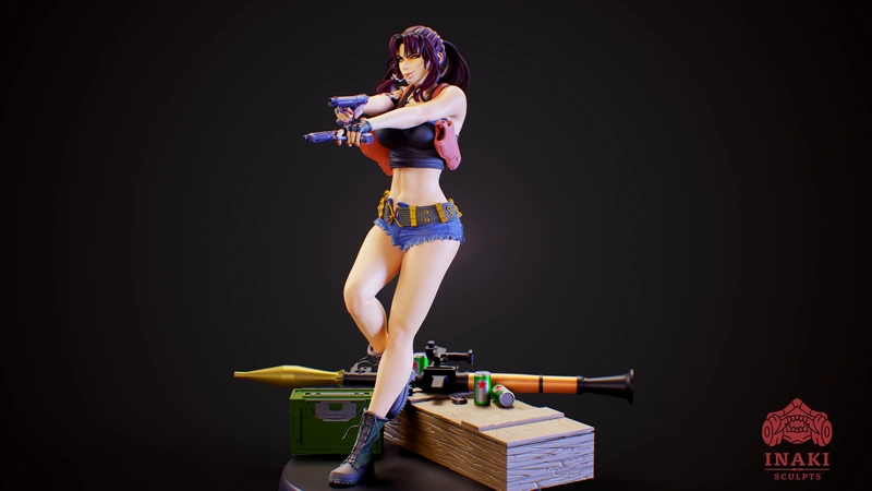 Revy from Black Lagoon holding two pistols beside a launcher on a crate