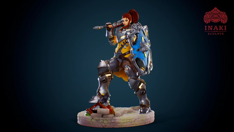 Brigitte from Overwatch armored statue with flail, shield, and textured base