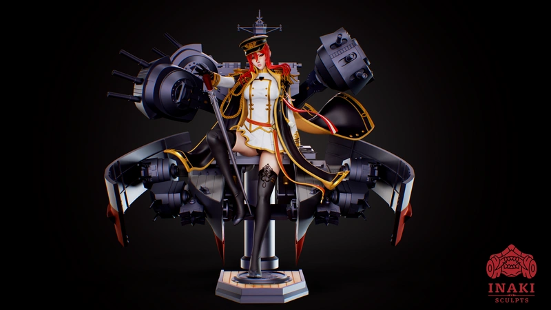 Monarch from Azur Lane with a naval uniform, ship rigging, gun turrets, and a display base