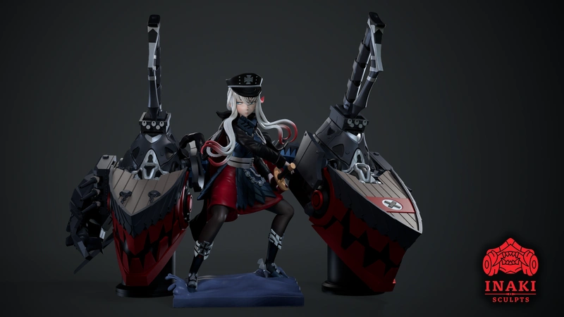 Odin Azur Lane character statue with twin naval ship rigging
