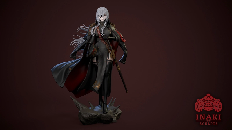 Fritz Rumey from Azur Lane in a dark coat with sword on a rocky base