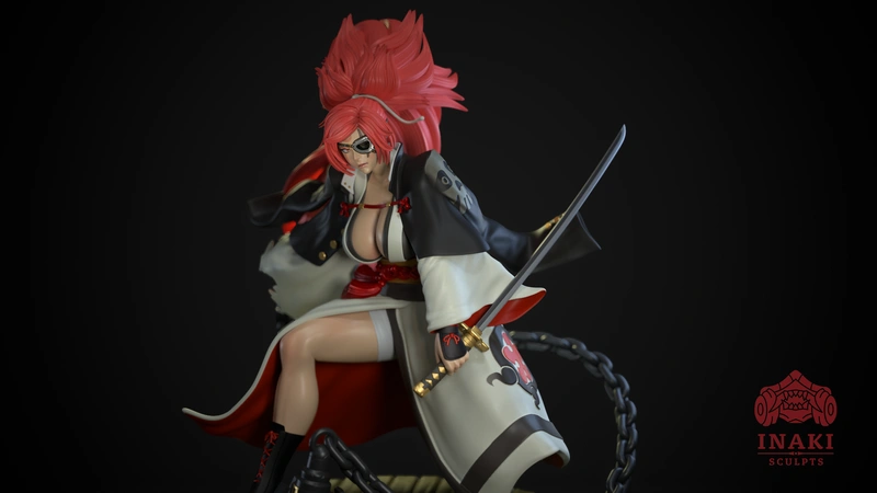 Baiken from Guilty Gear seated with a katana, eyepatch, red hair, and layered coat