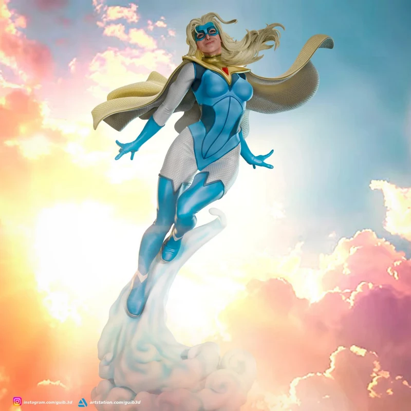 Blonde Blazer superhero statue in blue suit and flowing cape on a cloud base