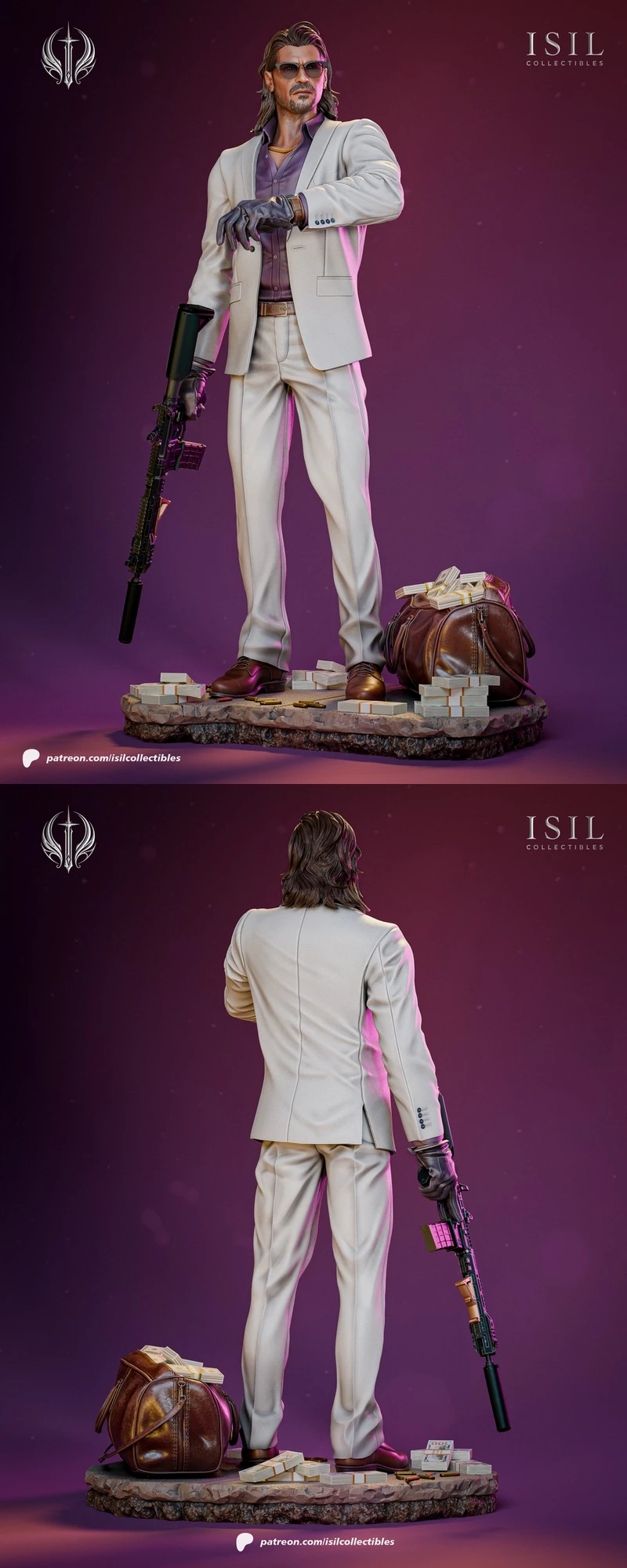 Raul Batista GTA VI statue in a white suit with rifle, cash, travel bag, and display base