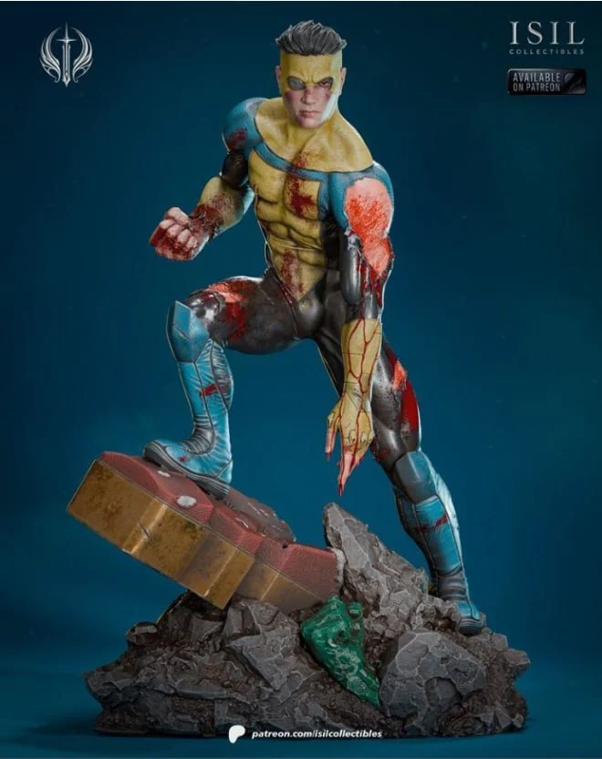 Invincible crouching on a rocky Battle of Viltrum diorama base