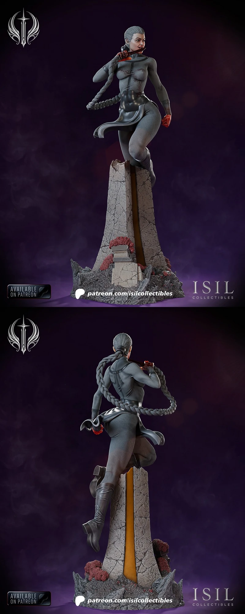 Thula from Invincible statue with a long braid on a cracked stone pedestal