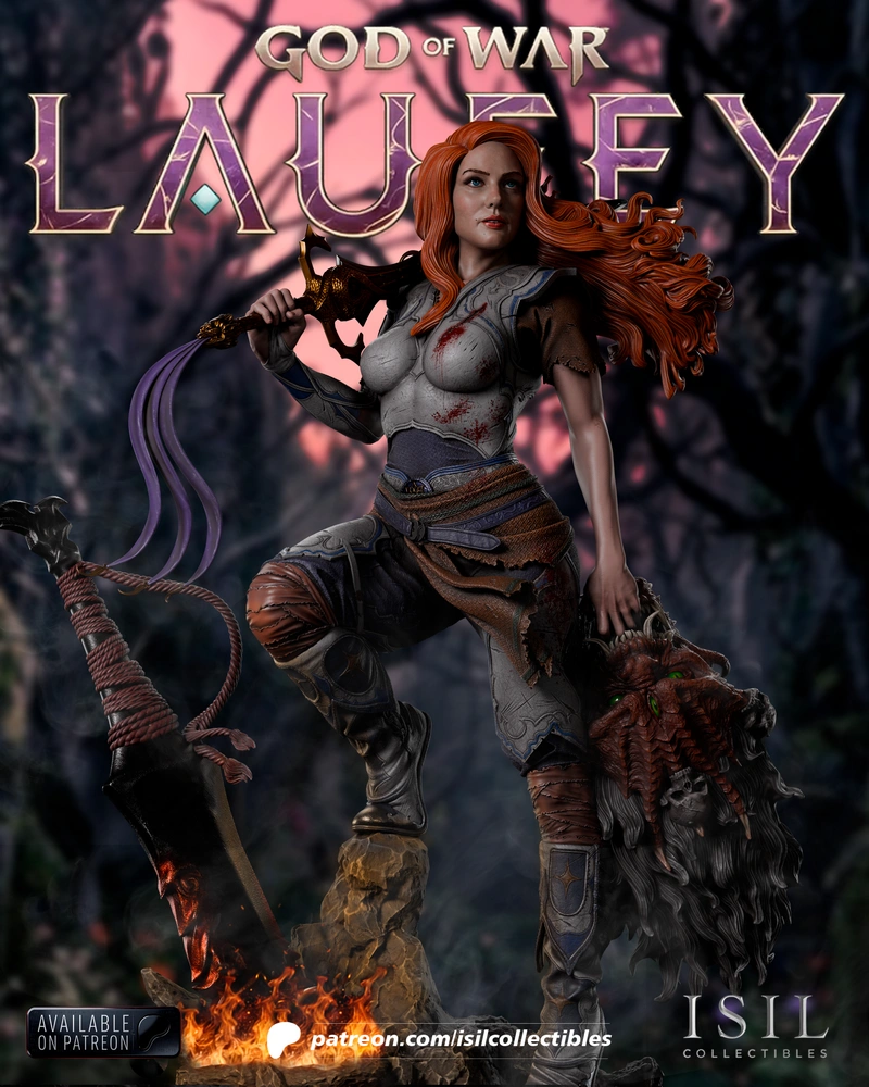 Laufey from God of War holding a sword beside a dark animal companion