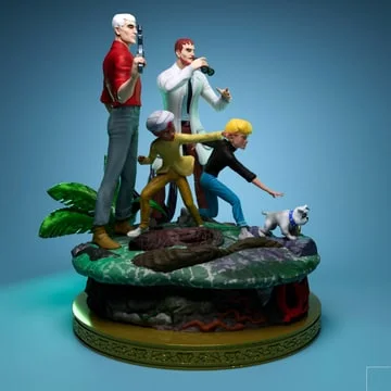 Jonny Quest adventure diorama with characters, dog, foliage, and circular base