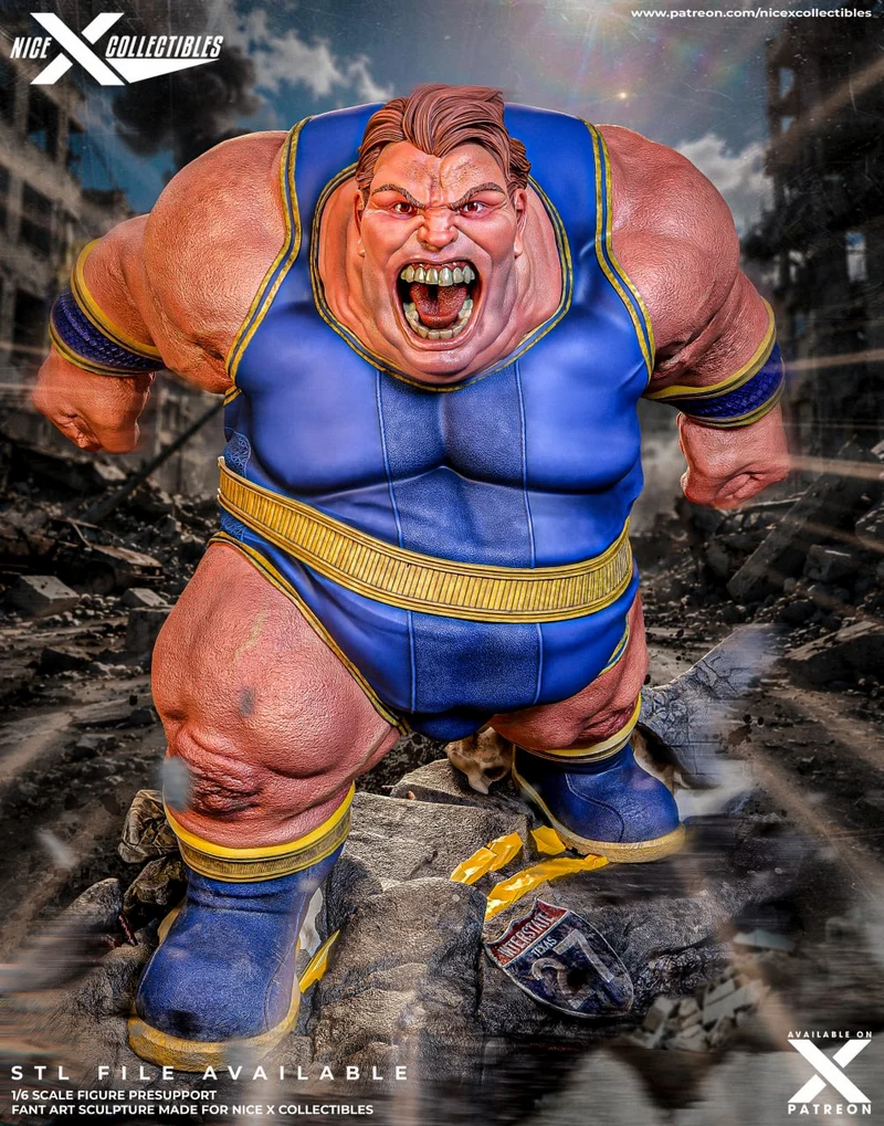 Marvel Juggerblob and Blob figure in a blue-and-gold suit on rubble