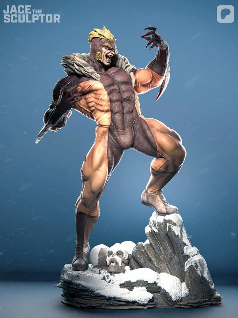 Sabretooth Marvel statue with claws, fur collar, and snowy rocky base