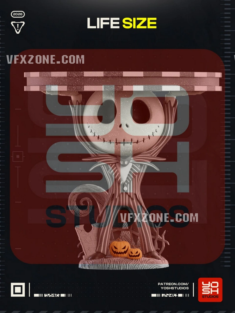 Jack Skellington themed decorative table with pumpkins and a pinstripe suit