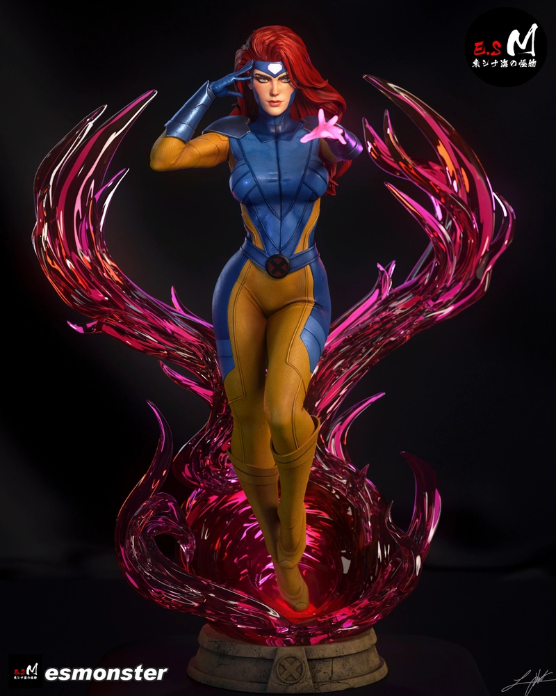 Jean Grey Marvel 3D statue in blue and gold costume with swirling pink energy