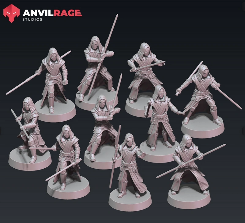 Star Wars Jedi Temple Guard miniatures with hooded masks, staffs, robes, and round bases