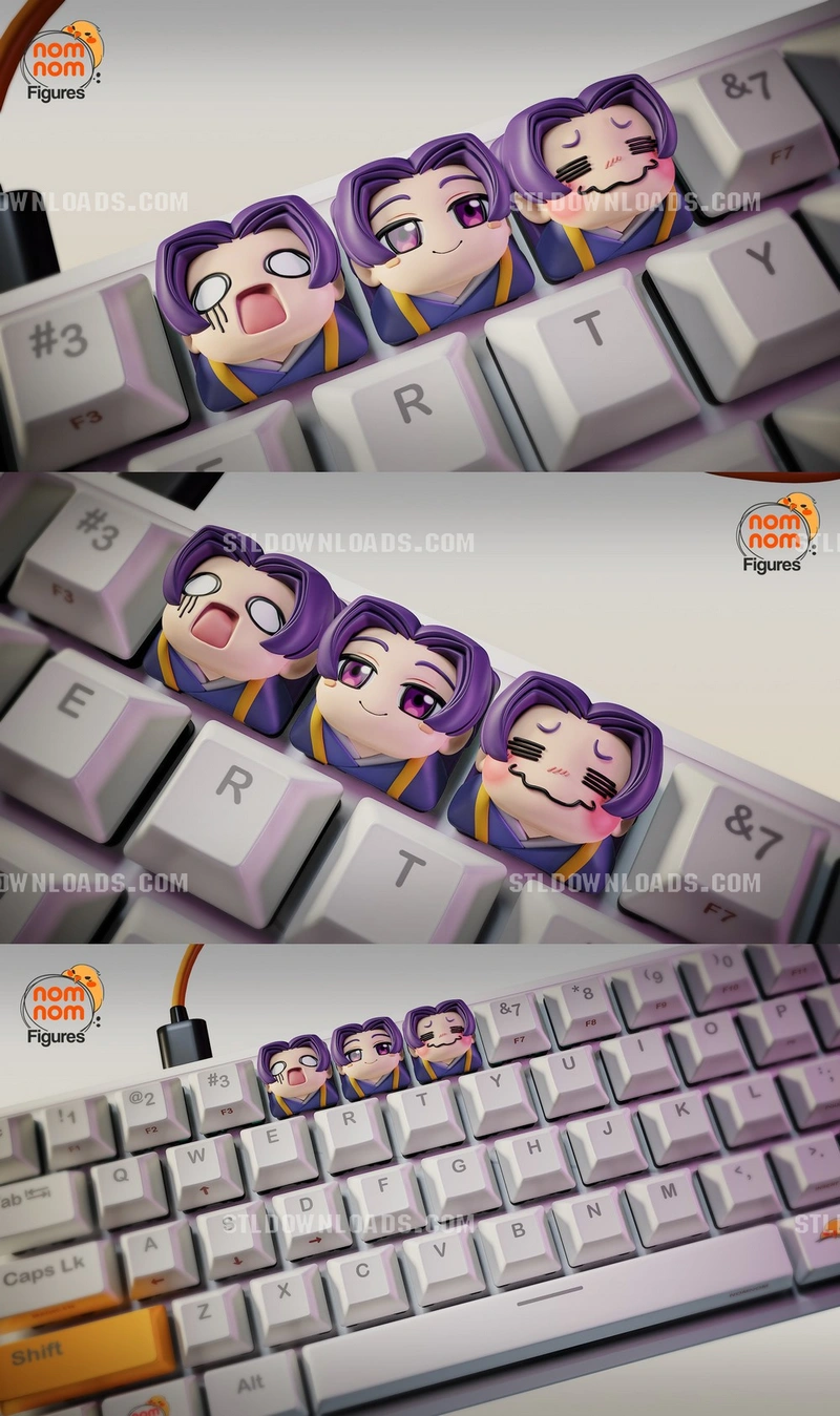 Three chibi Jinshi keyboard keycap figures with purple hair and expressive faces