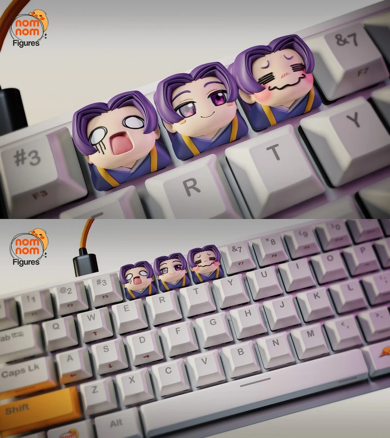 Chibi Jinshi artisan keycap figures displayed among purple and white keyboard keys