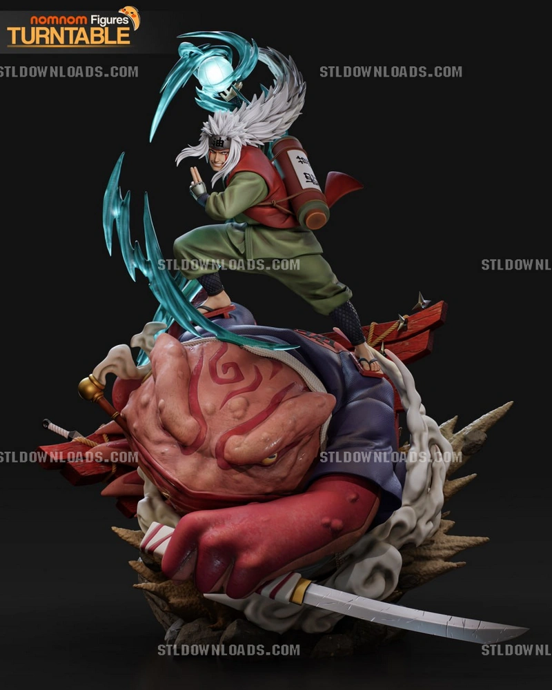 Jiraiya from Naruto riding a large toad with a scroll, sword, and blue energy effects
