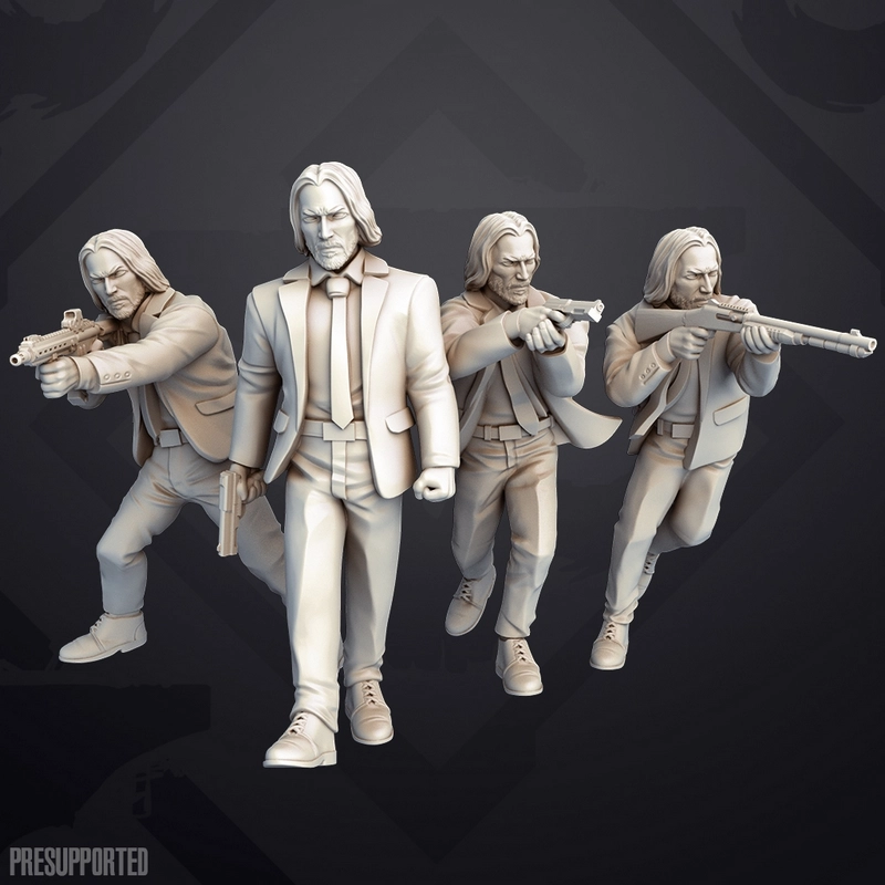 John Wick 3D model group showing suited action poses with firearms