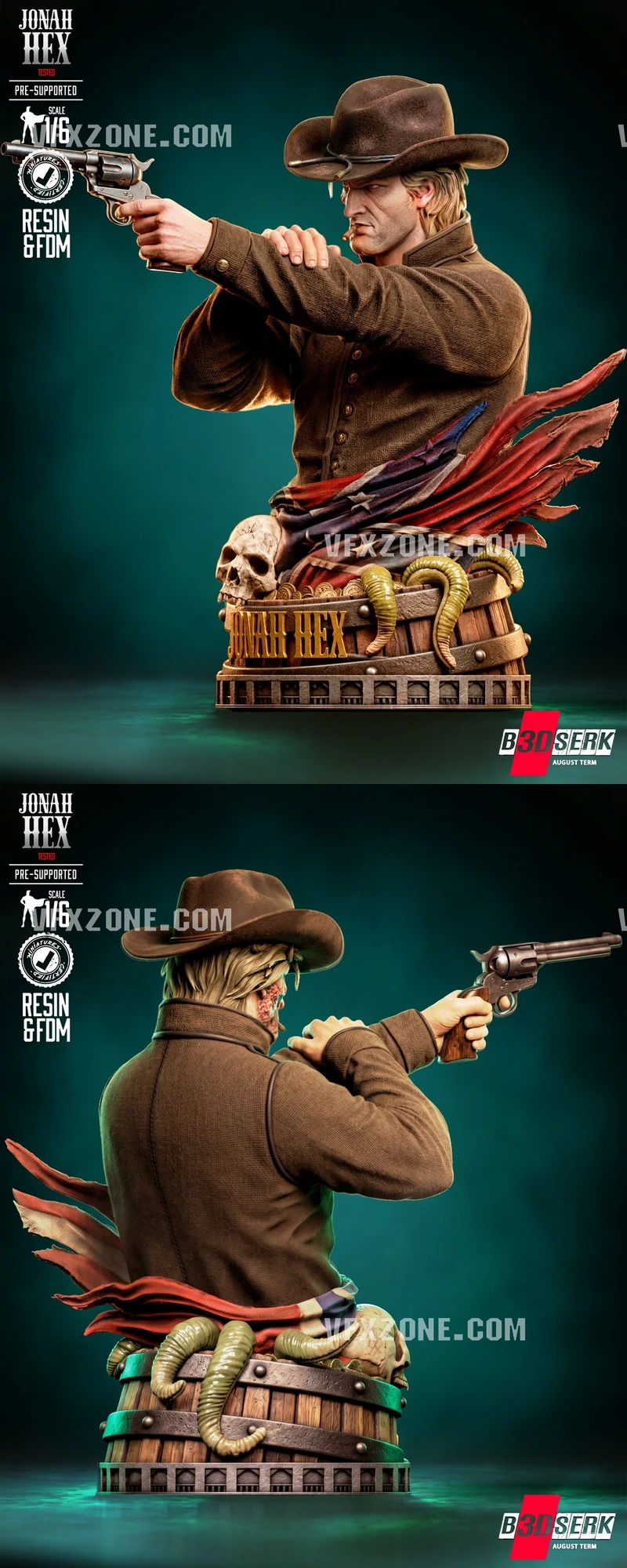 Jonah Hex 3D bust with revolver, cowboy hat, skull base, and Western details