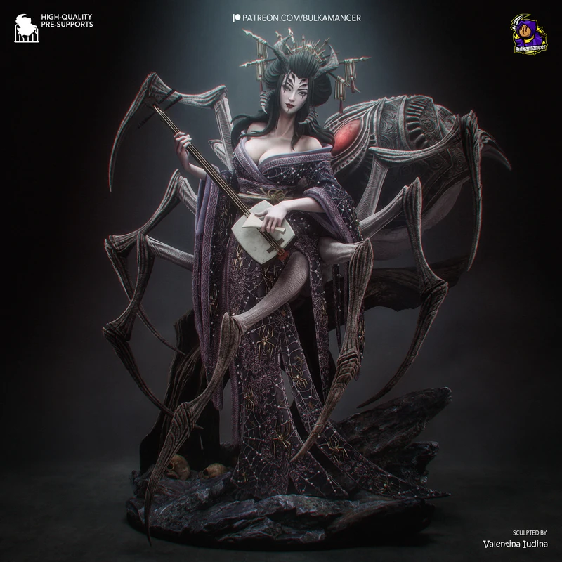 Jorogumo-inspired spider woman statue with spider legs, ornate dress, instrument, and rocky base
