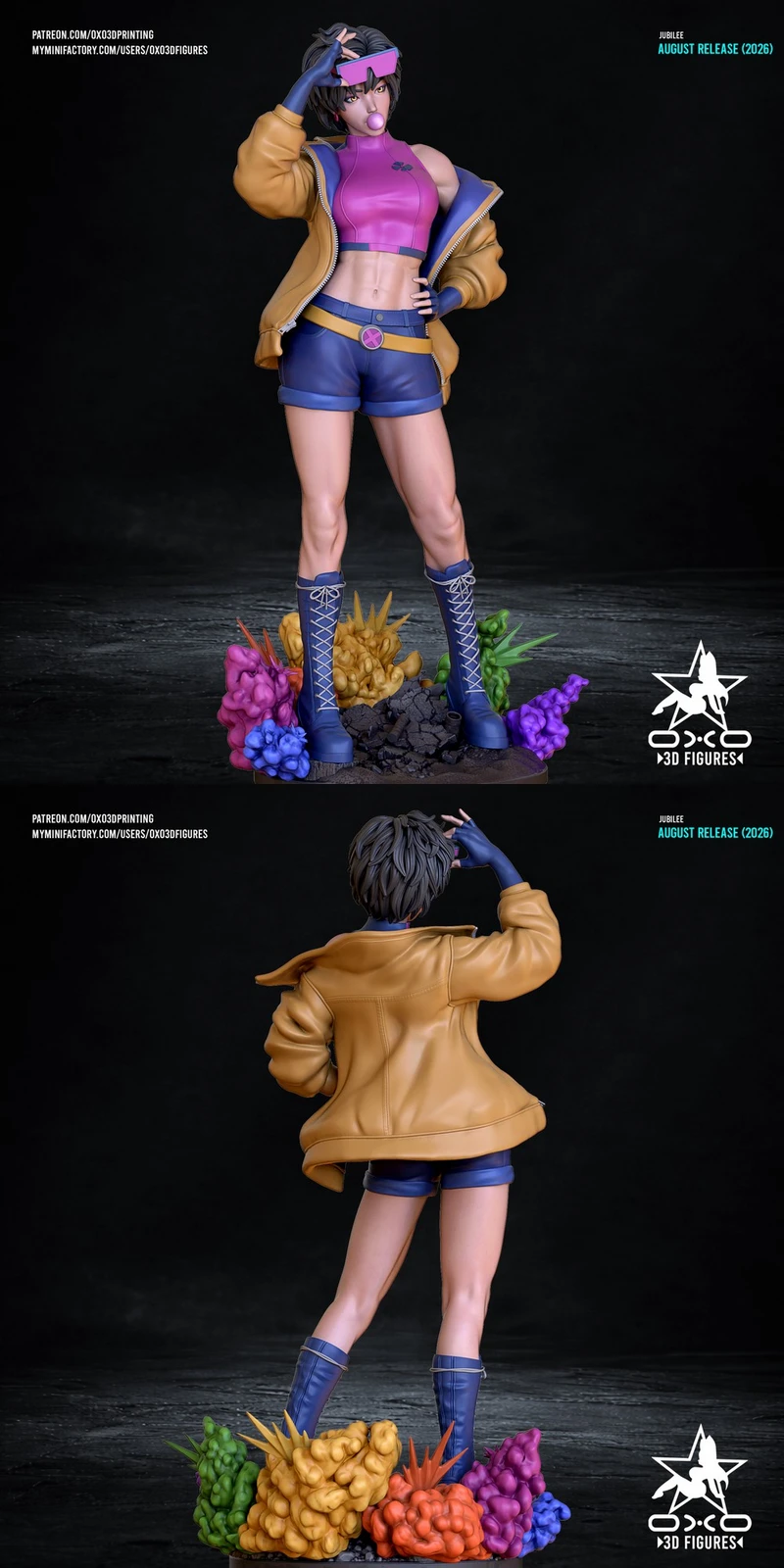 Jubilee Marvel character statue with visor, jacket, boots, and colorful base