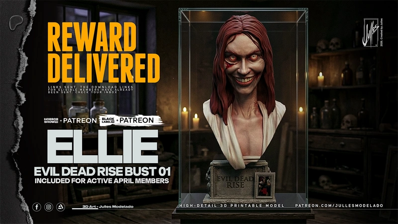 Ellie from Evil Dead Rise horror character bust with red hair, sinister grin, and display base