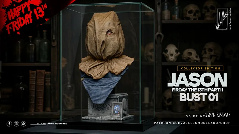 Jason Voorhees baghead bust from Friday the 13th Part II on a display base